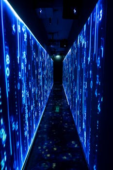 A luminous blue tunnel with digital numbers creating a futuristic, sci-fi ambiance.